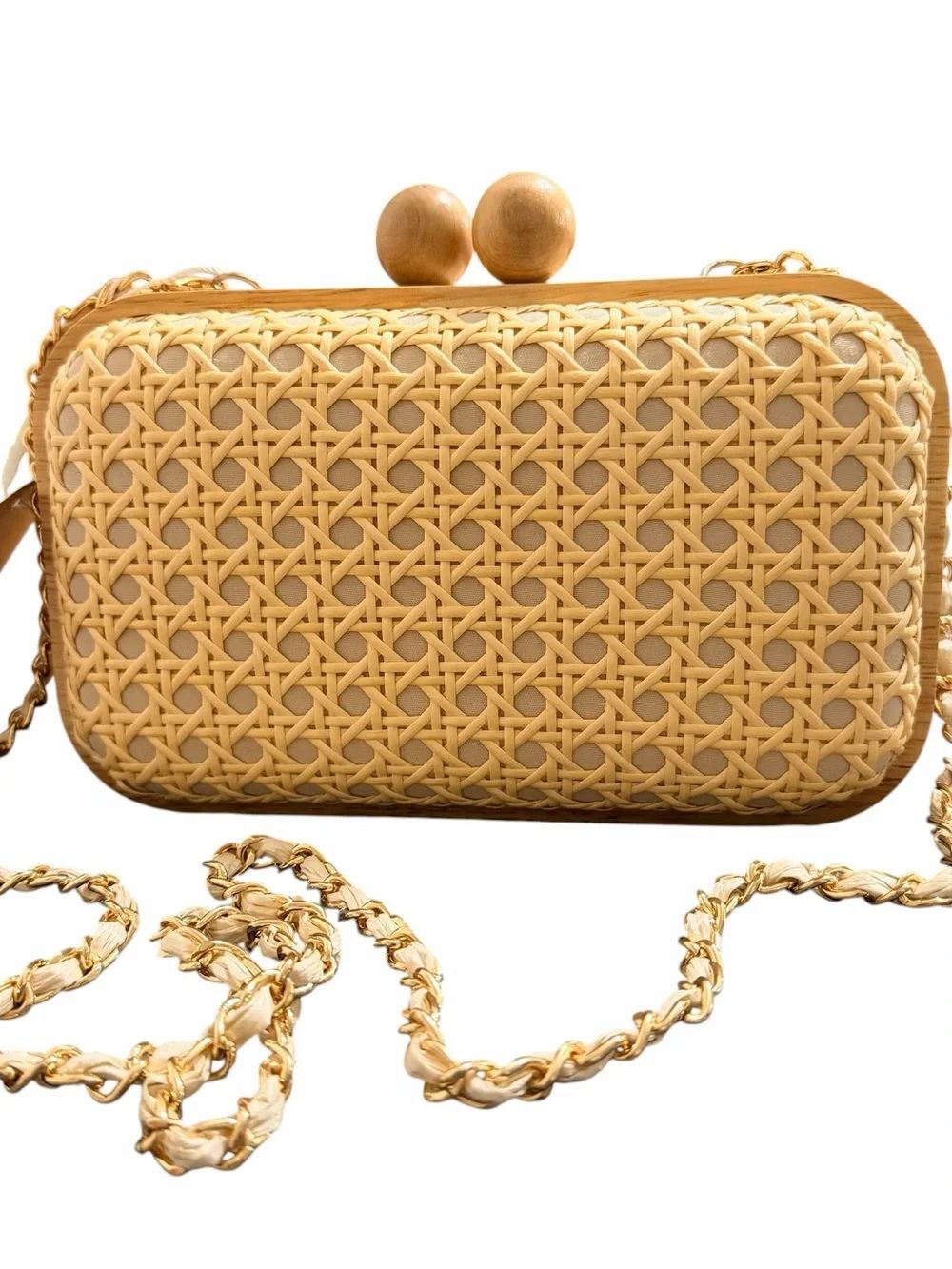 Tommy Bahama Natural Rattan Wicker Clutch Crossbody Bag Wooden Frame NWT